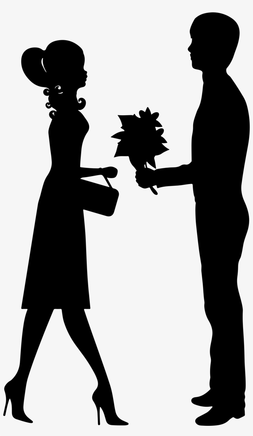 Silhouette of a man handing a bouquet of flowers to a stylish woman in heels and dress.