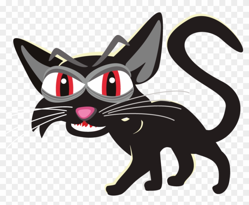 Angry cartoon black cat with red eyes, bared teeth, and arched back on transparent background.