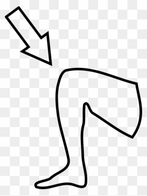 Simple line drawing of a bent human leg with an arrow pointing to the knee joint, illustrating anatomy or injury location.