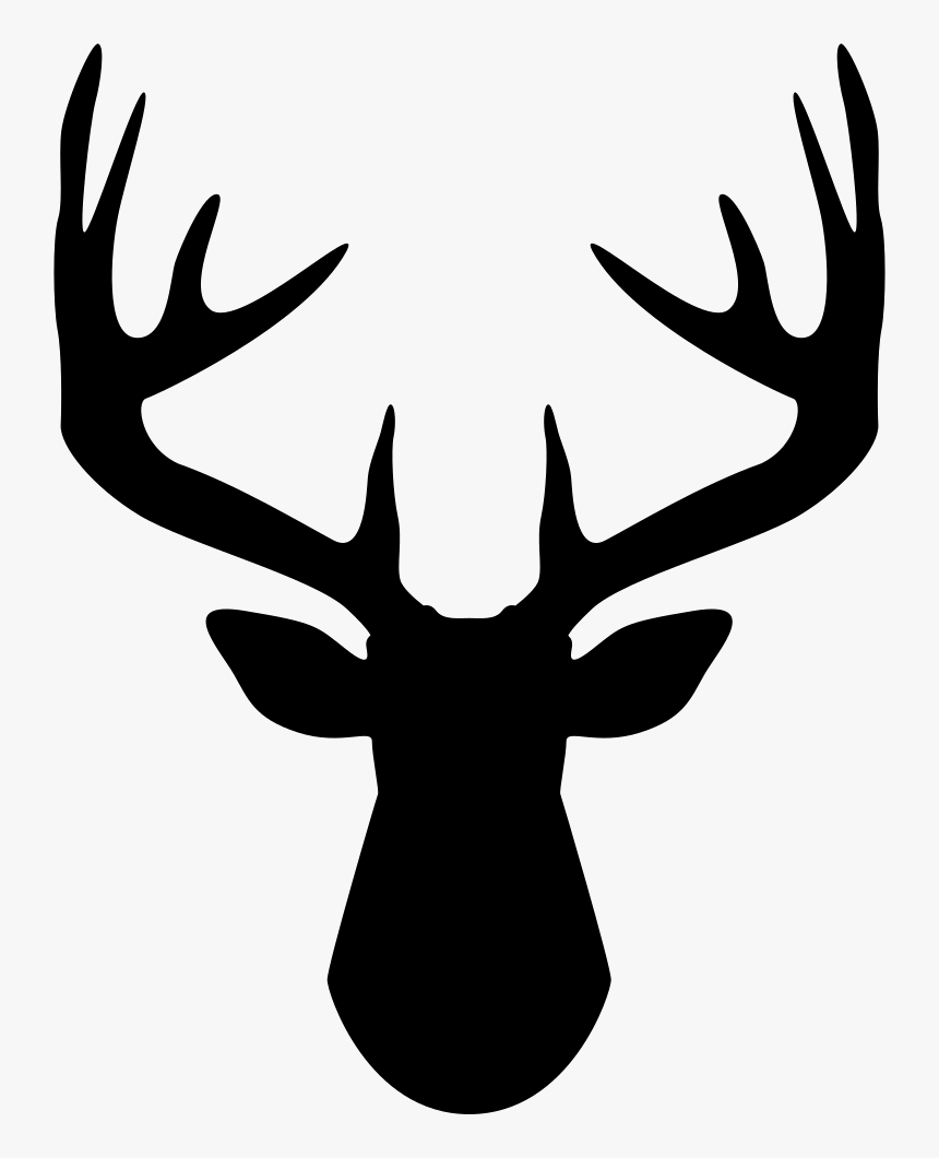 Black silhouette of a stag’s head with large antlers on white background.
