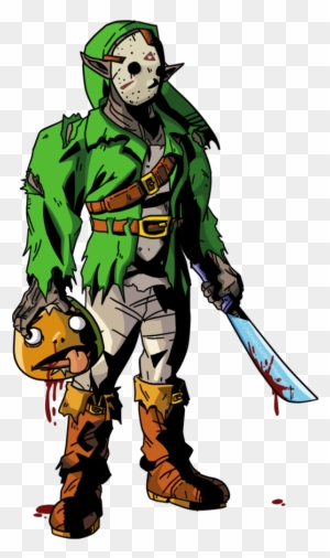 A horror-themed Link cosplay character in green tunic and hockey mask, holding a bloody machete and severed head.