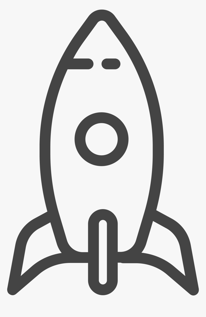 Simple line-art rocket icon with pointed nose, circular window, fins, and exhaust nozzle.