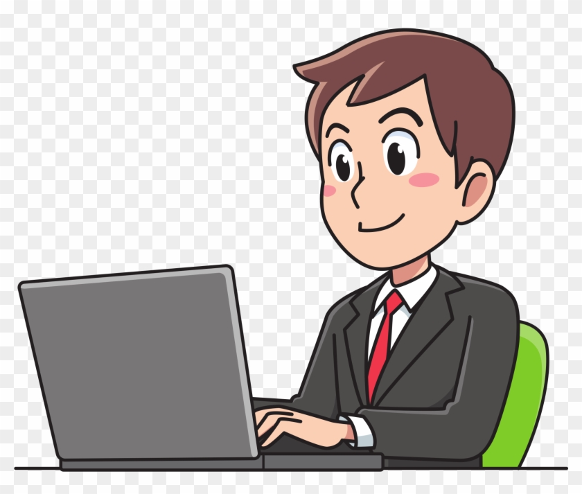 Businessman in suit typing on laptop with cheerful expression, seated on green chair against transparent background.