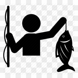Silhouette of a person holding a fishing rod in one hand and a caught fish in the other, on transparent background.