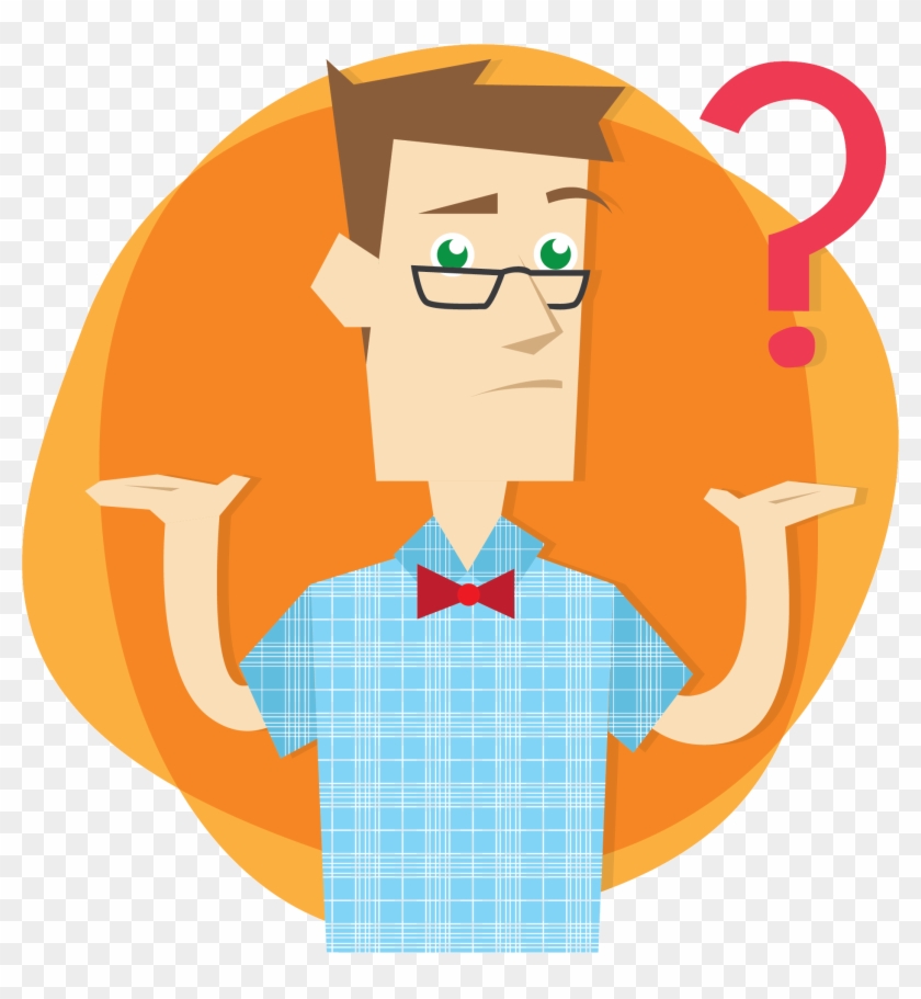 Confused man with glasses, bowtie, and shrug gesture beside a red question mark.