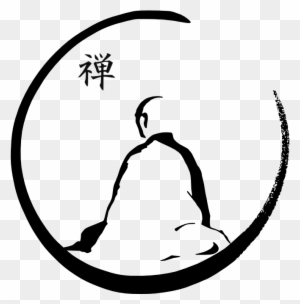 Black ink Zen circle (ensō) with seated meditator and Chinese character “禅” (Zen), on transparent background.