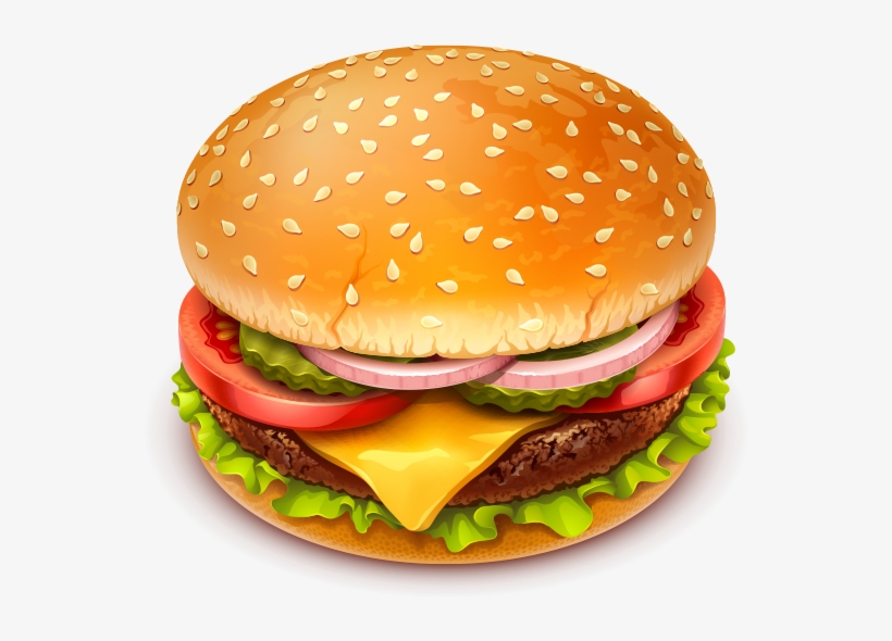 Juicy cheeseburger with sesame seed bun, lettuce, tomato, onion, pickle, and melted cheddar cheese.