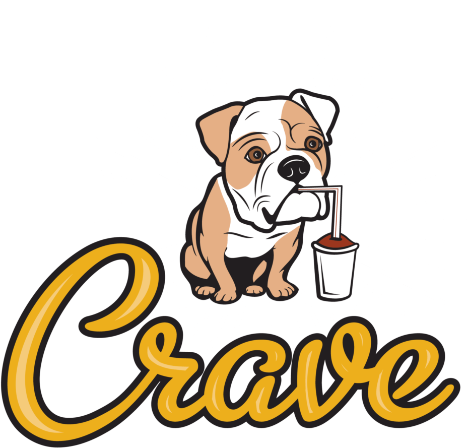 A cartoon bulldog sipping a drink through a straw, with radiant lines behind and the word "Crave" in bold yellow script below.