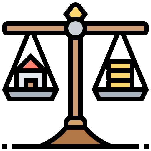 A balanced scale with a house icon on the left pan and three horizontal bars on the right, symbolizing equity between property and data or resources.
