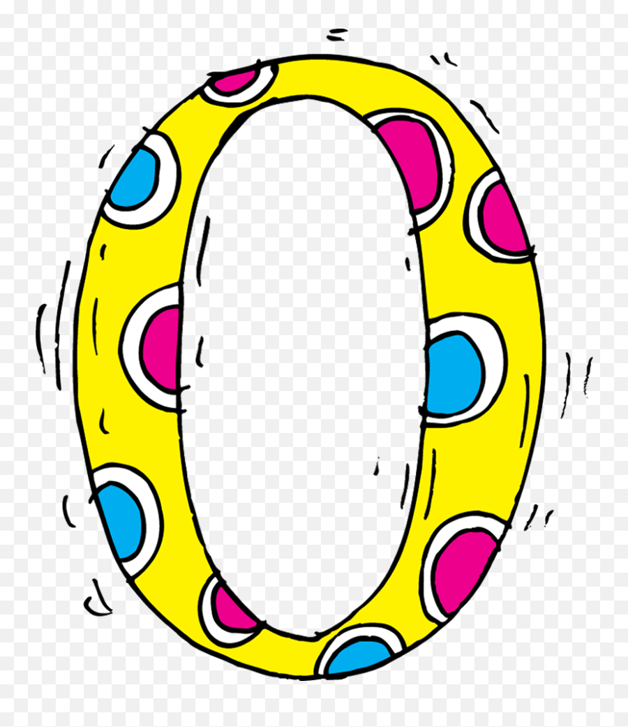 A playful, hand-drawn yellow number zero with pink and blue polka dots and motion lines, on a transparent background.