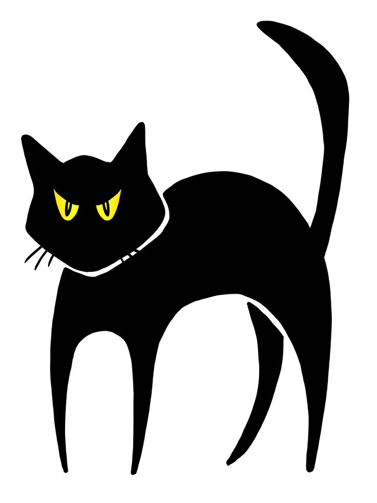 Stylized black cat with glowing yellow eyes, arched back, and raised tail-classic spooky Halloween illustration.