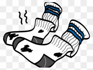 Cartoon illustration of two dirty, smelly white socks with black stains, steam rising to indicate odor.