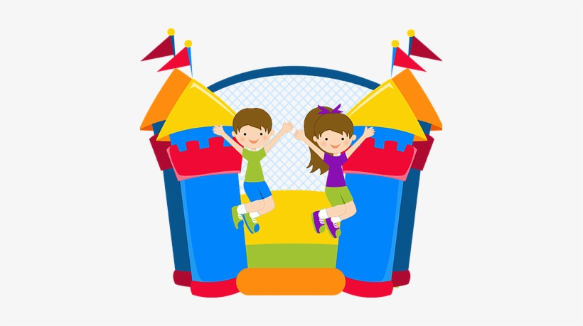 Two smiling children jumping joyfully inside a colorful castle-themed bounce house with flags.