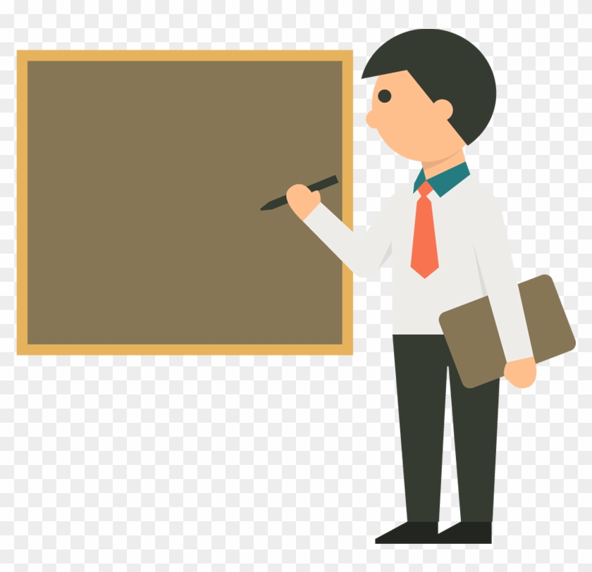 Teacher in formal attire writing on a blank chalkboard while holding a folder.