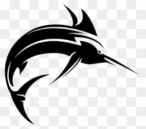 Black tribal-style dolphin leaping, stylized with sharp lines and dynamic curves on transparent background.
