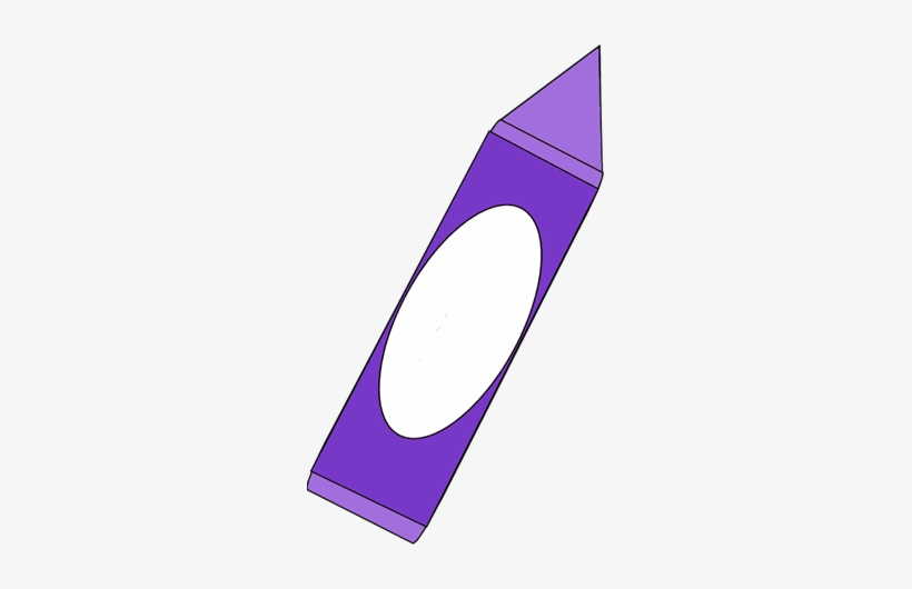 A simple illustration of a purple crayon with a white oval label area and sharpened tip, angled diagonally on a light background.