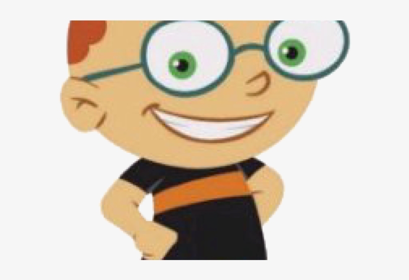 Smiling cartoon boy with green eyes, round glasses, and black shirt with orange stripe.