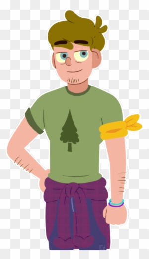 Cartoon-style young man with glasses, green t-shirt with pine tree, purple wrap skirt, and yellow arm band.