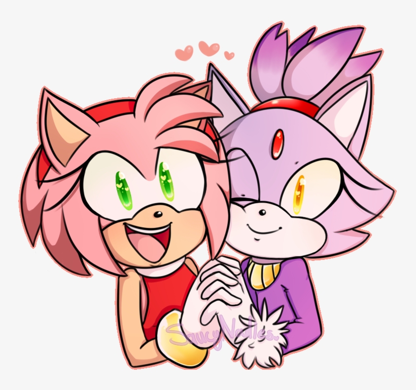 Amy Rose and Blaze the Cat sharing a joyful, affectionate moment with hearts above them.