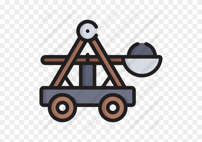 Illustrated medieval catapult on wheeled base, ready to launch a stone projectile.