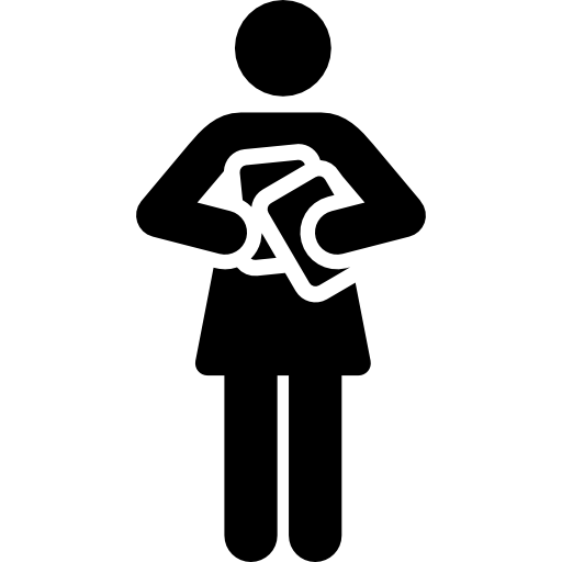 Black silhouette icon of a person holding an open book or tablet, symbolizing reading, learning, or education.
