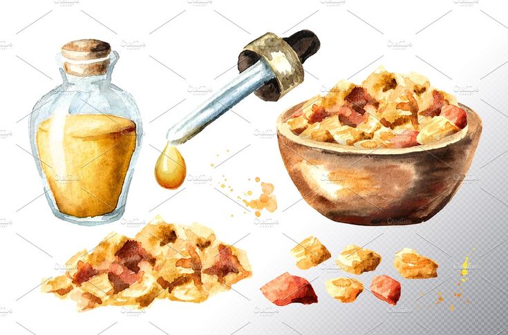 Watercolor illustration of amber resin chunks, a glass bottle with golden liquid, a dropper dispensing a drop, and a wooden bowl of resin.