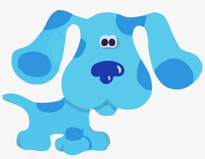 Blue cartoon dog with floppy ears, large eyes, and a friendly expression, stylized in flat vector art.