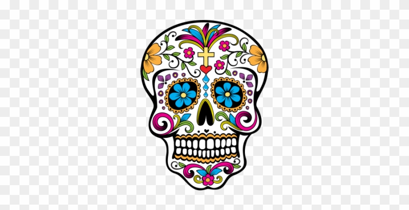 Colorful Mexican sugar skull with floral patterns, cross, and vibrant decorations for Día de los Muertos.