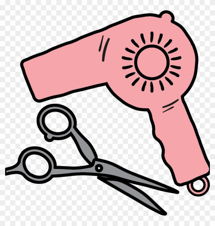 Pink cartoon hairdryer and gray scissors on transparent background, representing hair styling tools.