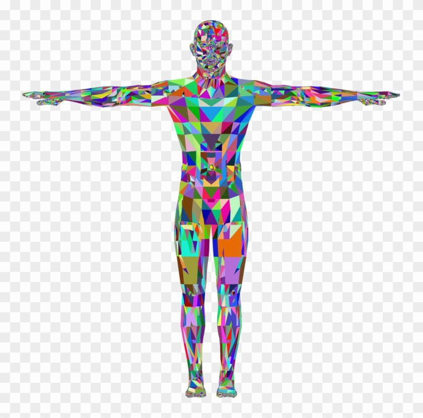 Colorful low-poly human figure with arms outstretched, composed of vibrant geometric triangles on transparent background.