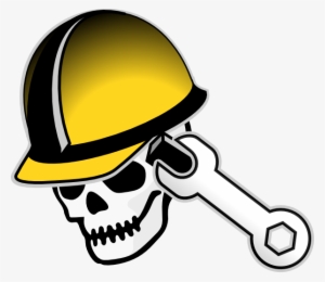 Skull wearing a yellow hard hat with a wrench piercing its temple, symbolizing dangerous or hazardous work.