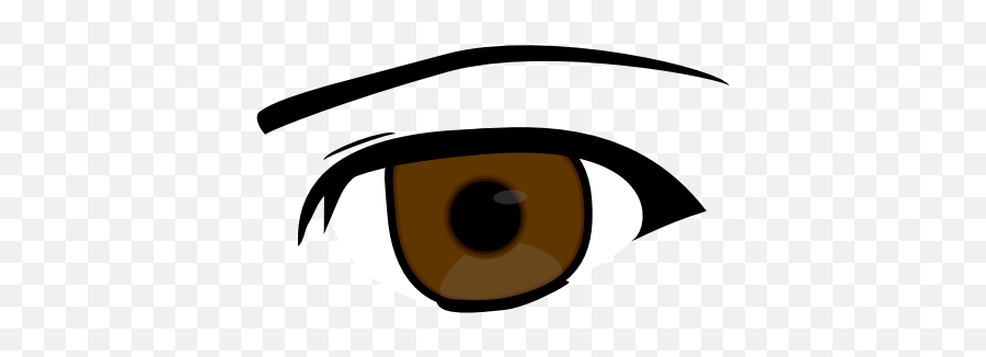 Stylized cartoon eye with brown iris, black pupil, bold eyeliner, and arched eyebrow on transparent background.