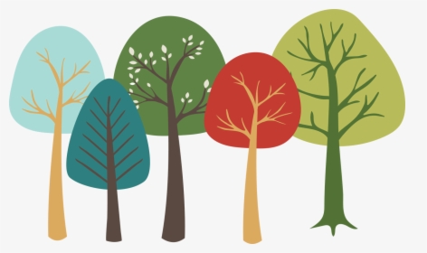 Five colorful stylized trees in flat design-blue, teal, green, red, and olive-with bare or leafy branches on white background.