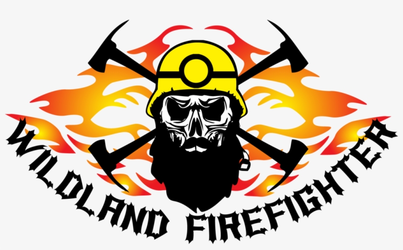 Wildland Firefighter logo featuring a skull in a yellow helmet, crossed axes, and flame background.