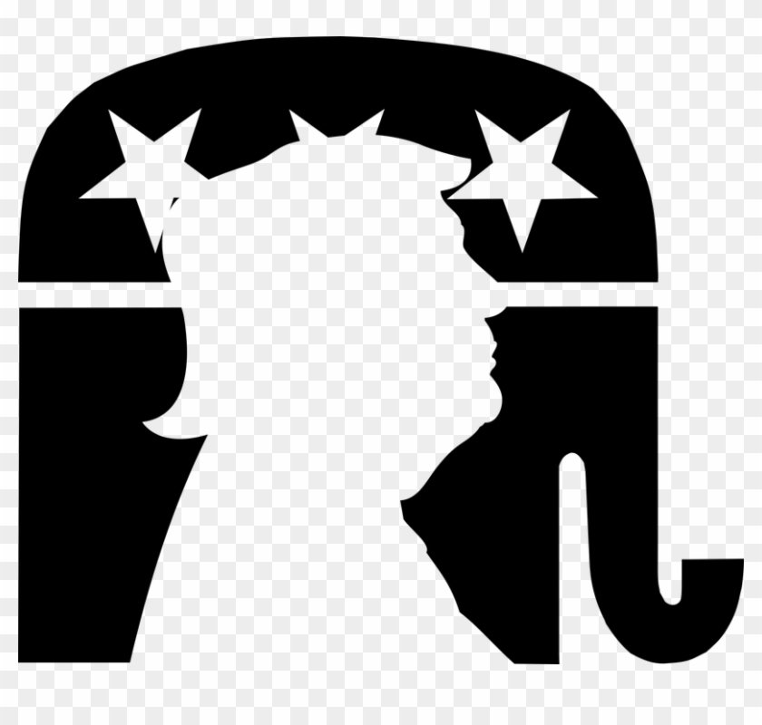 Stylized black-and-white Republican Party elephant logo with stars and silhouetted profiles inside its form.