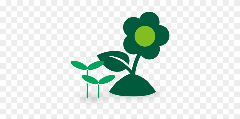 Green stylized flower with yellow center and two small seedlings beside it, symbolizing growth and sustainability.