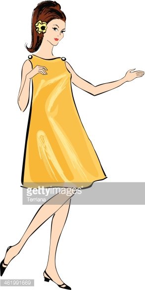 Vintage 1960s-style woman in a yellow sleeveless A-line dress with floral hair accessory and black heels, mid-stride pose.