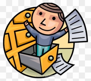 A smiling cartoon person emerging from a treasure chest holding documents, symbolizing discovery or resource retrieval.