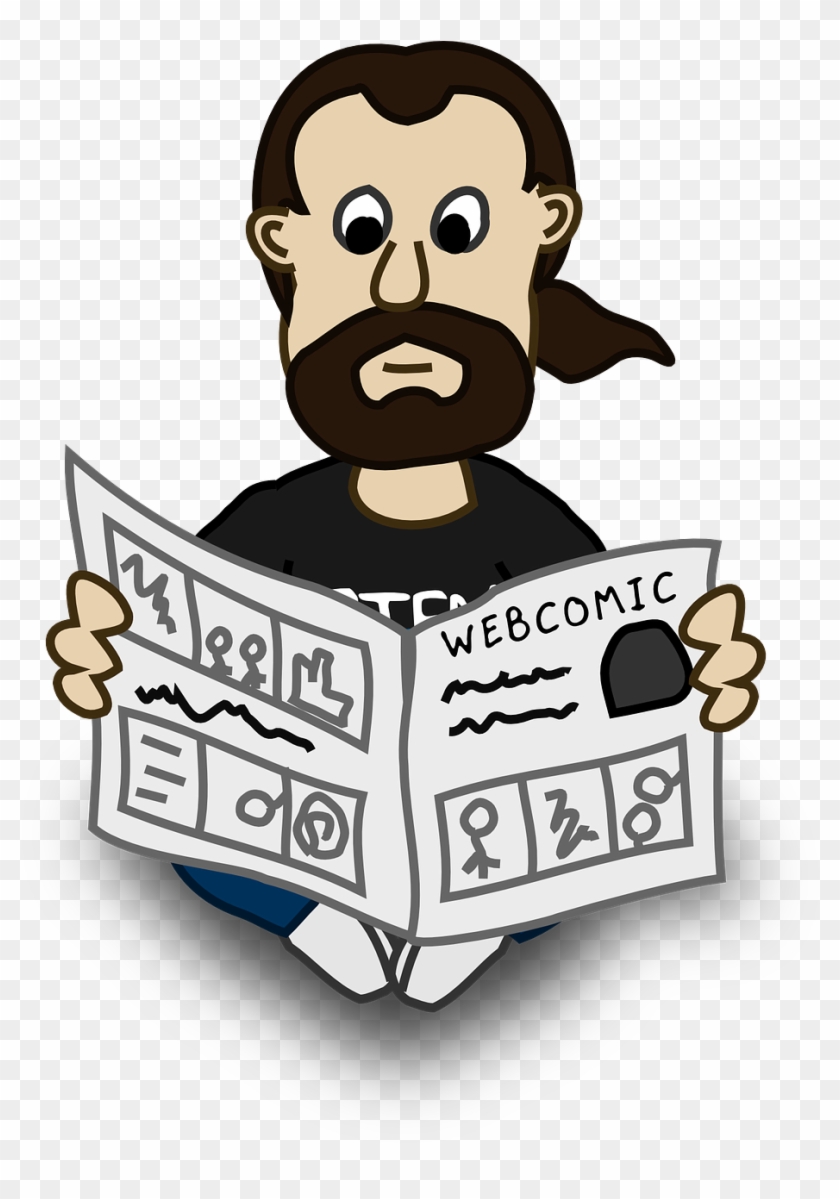 Bearded cartoon man reading a newspaper titled "WEBCOMIC" with comic panels and symbols.