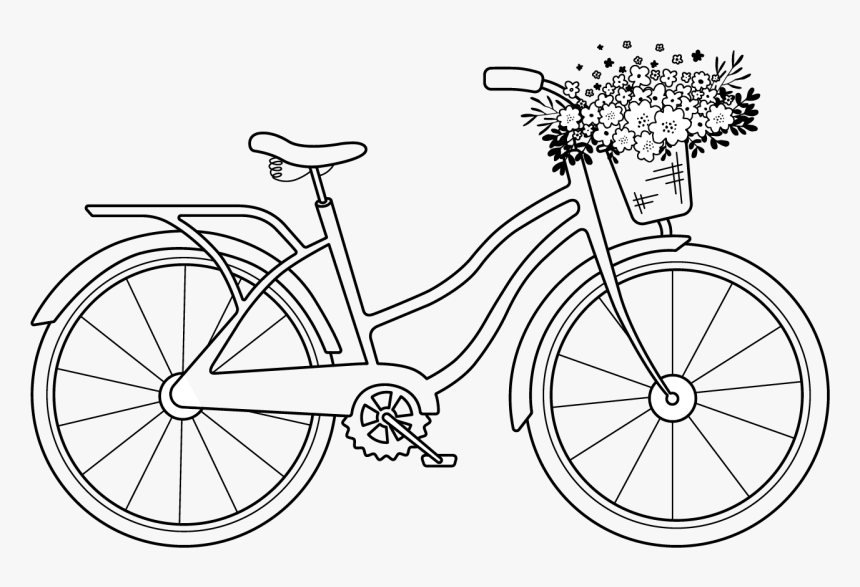 Classic bicycle with floral basket, black-and-white line drawing ideal for coloring or decoration.