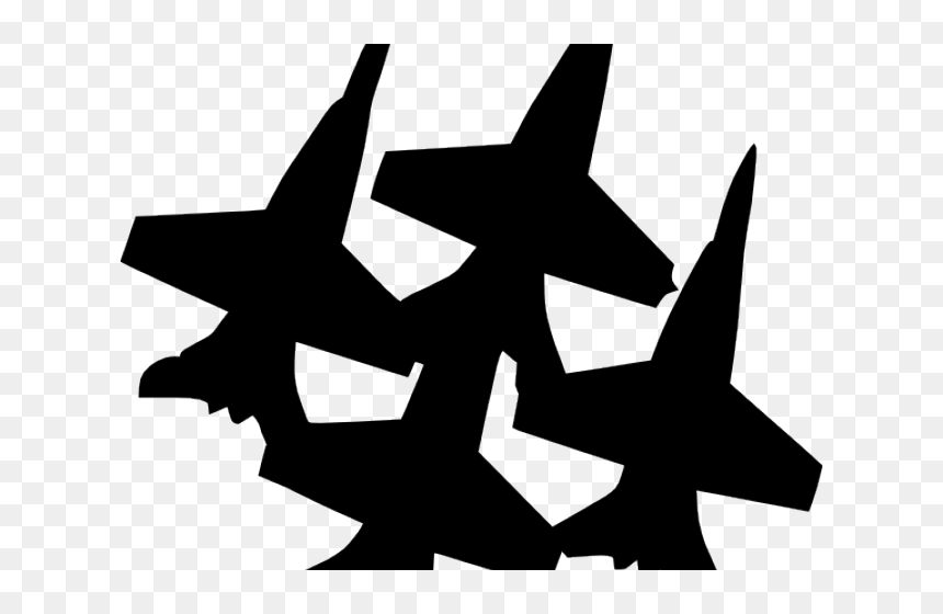 Silhouette of three overlapping fighter jets in dynamic formation on transparent background.