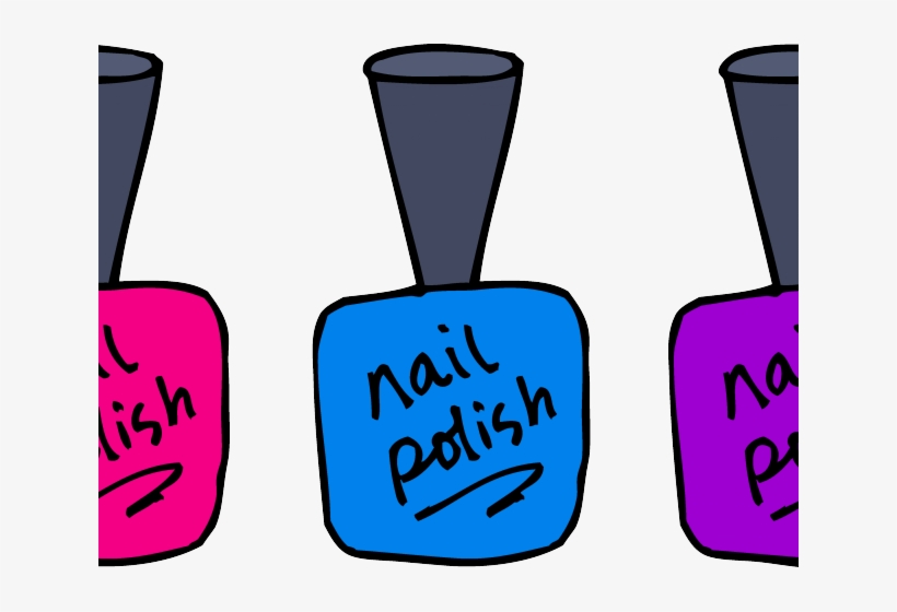 Hand-drawn illustration of three colorful nail polish bottles-pink, blue, and purple-with handwritten labels.