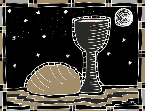 Stylized chalice with red liquid and bread loaf under starry night sky, framed in geometric border.
