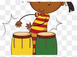 A smiling child in a striped shirt plays two colorful bongo drums with energetic motion lines.
