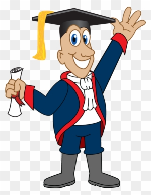Smiling cartoon graduate in cap and gown waving while holding a diploma scroll.