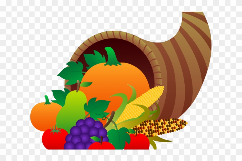 Cornucopia overflowing with pumpkins, grapes, apples, corn, and pears-symbol of autumn abundance and harvest celebration.