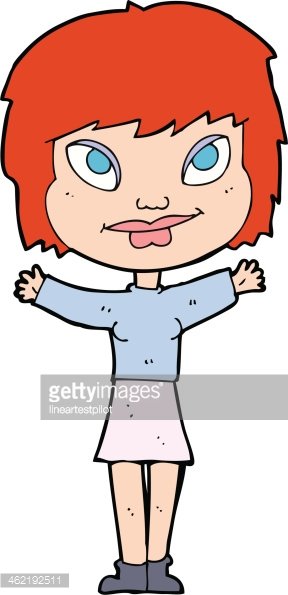 Cartoon girl with red hair, blue eyes, and playful expression, arms outstretched in a light blue sweater and pink skirt.