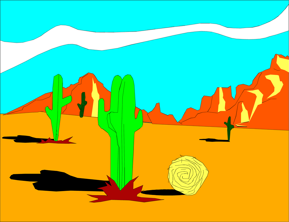 Vibrant cartoon-style desert scene with green cacti, orange dunes, red rock formations, and a yellow tumbleweed under a turquoise sky.