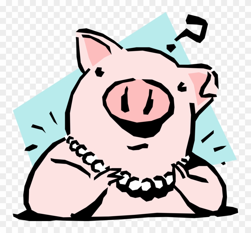 Cartoon pig wearing a pearl necklace with a confused expression and question mark above head.