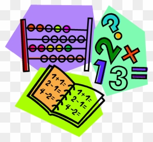 Colorful educational illustration featuring an abacus, math symbols, and a notebook with arithmetic problems.
